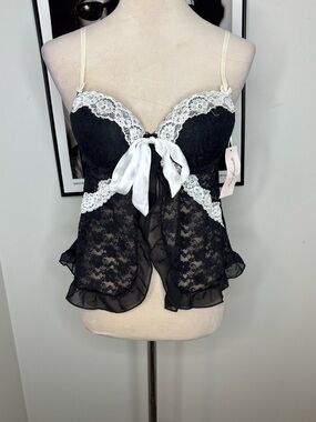 Linea Donatella Black and White Lace Babydoll Chemise with Satin Bow